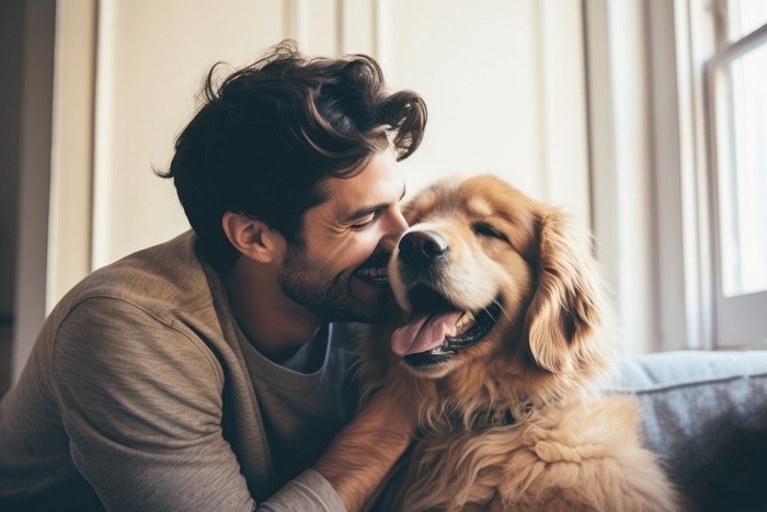 笑顔の犬と男性