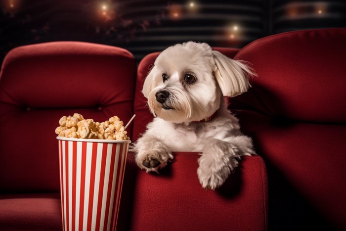 映画館に座る犬のAIイラスト