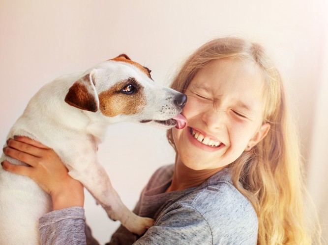 女の子の顔を舐める犬